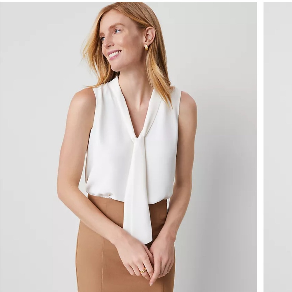 Ann Taylor White Sleeveless Blouse with Tie Neck